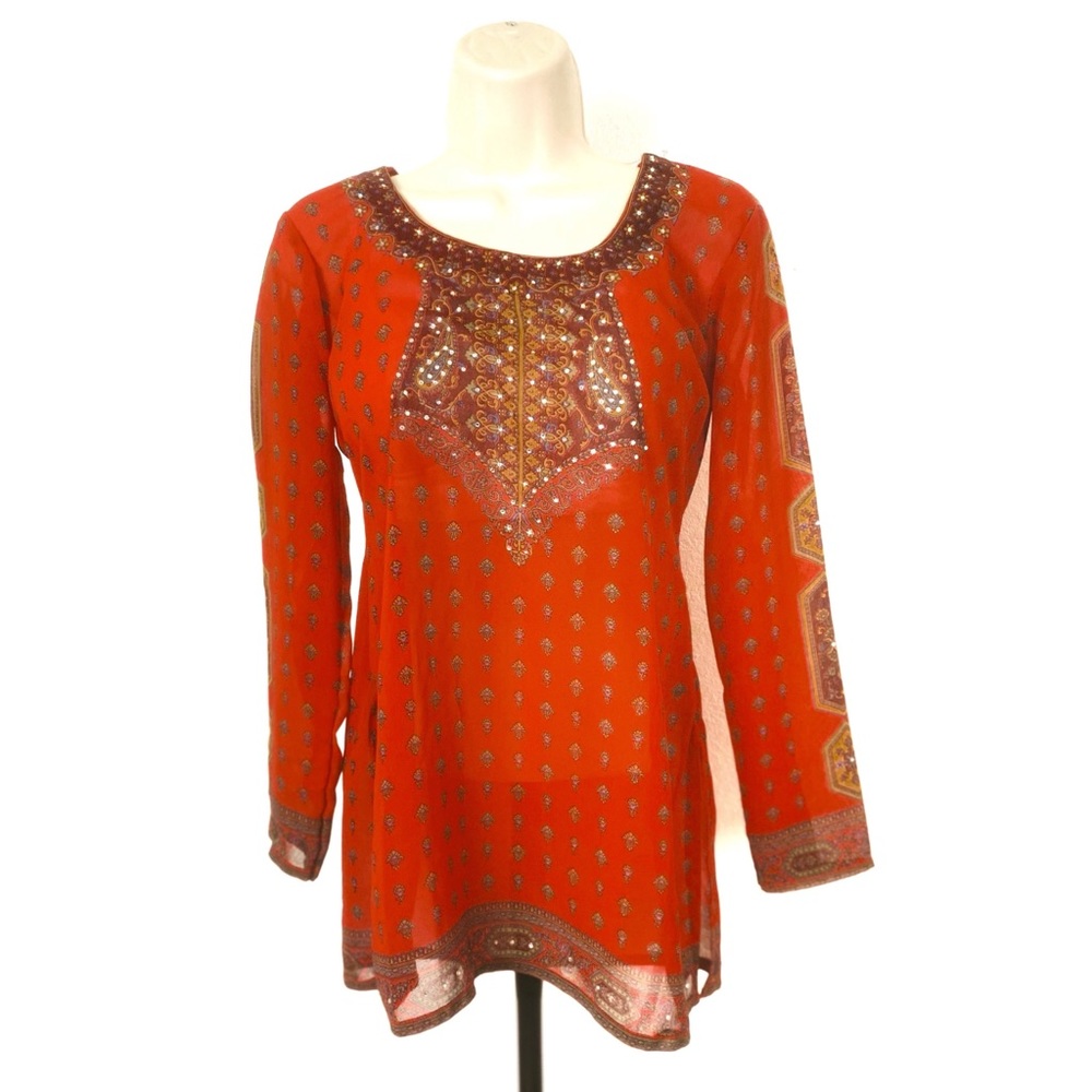Deep Orange Tunic with Side Slits Rhinestone @neck, bottom, back & sleeves  SZ S